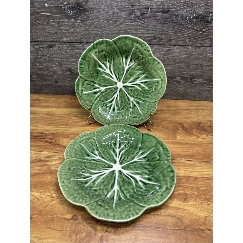 Bordallo Pinheiro Portugal Green Majolica Cabbage 9-1/4” Luncheon Plates~ 2 Pc